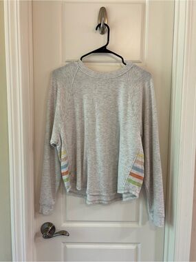 Light Gray Pullover Top with Rainbow Stripe Insets